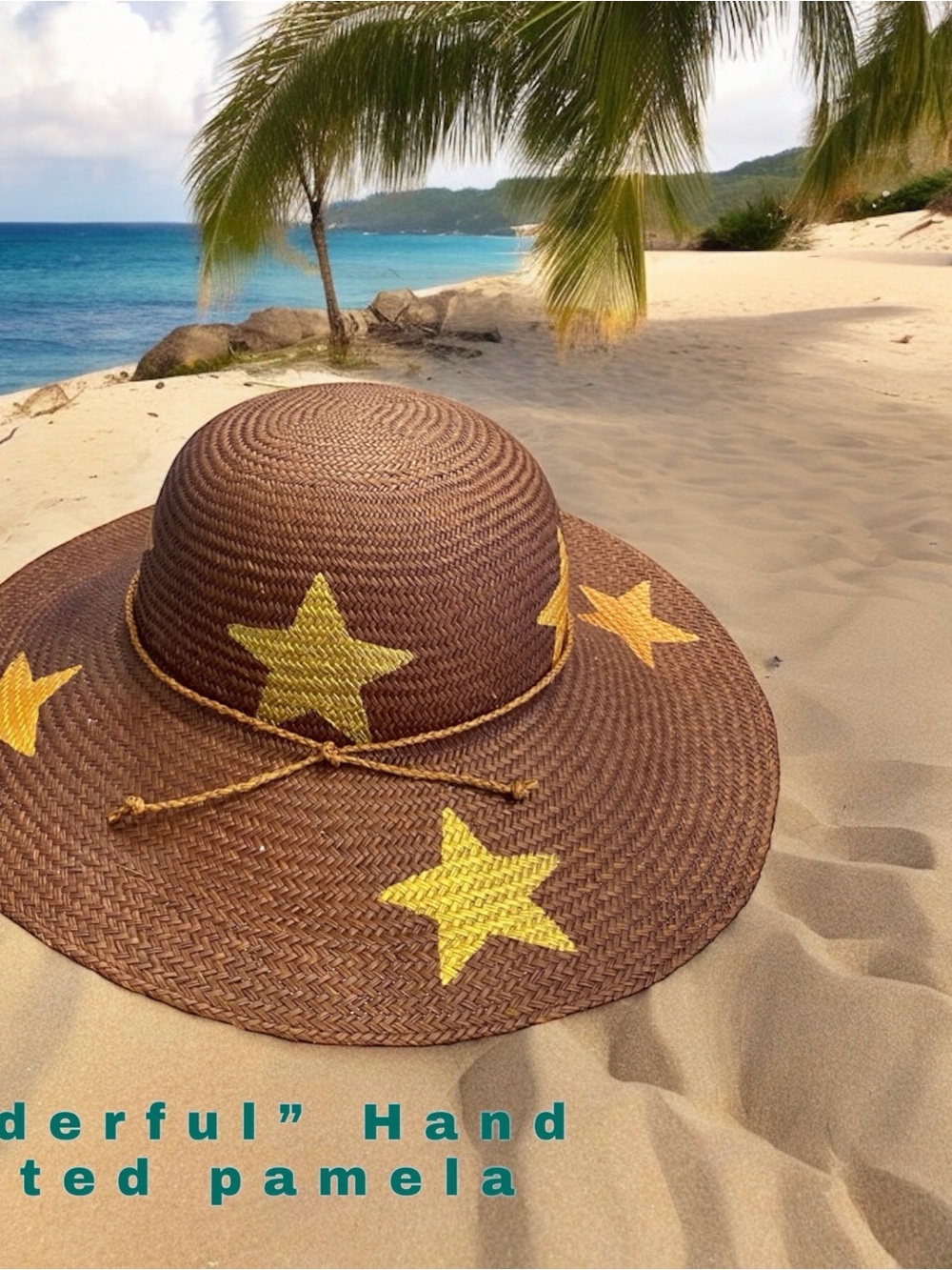Brown Straw Sun Hat with Gold/Copper Stars